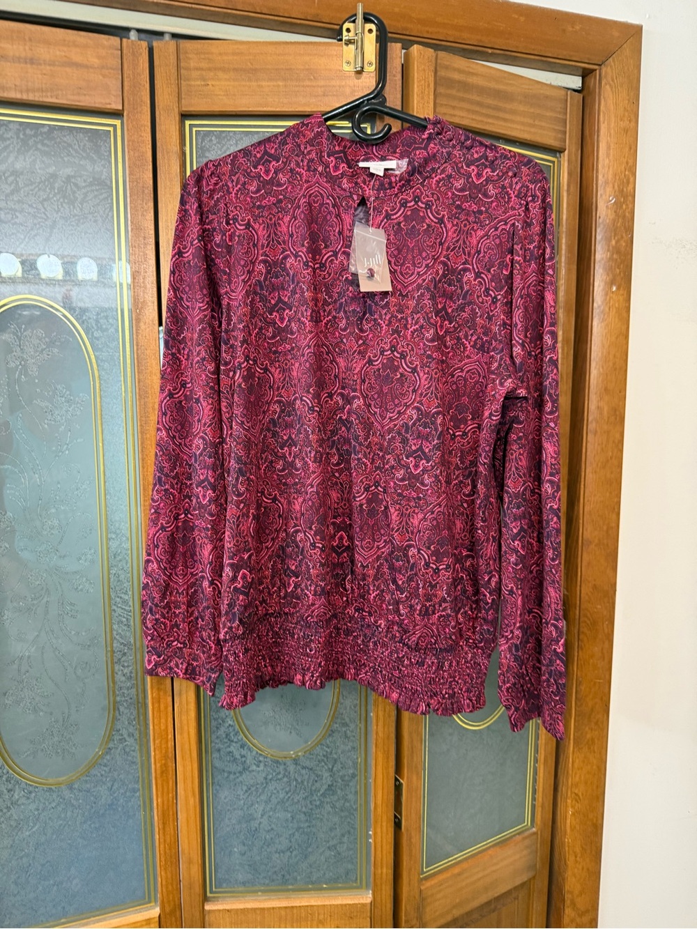 J. JILL LADIES Burgundy Paisley Long Sleeve Blouse, BRAND NEW